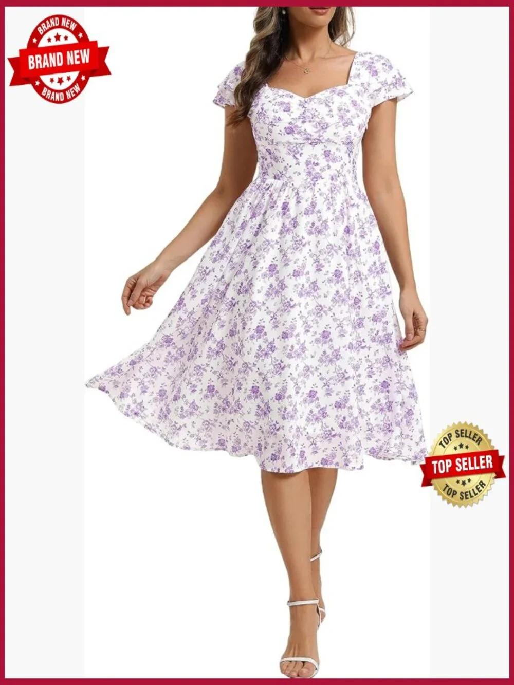 Elegant Sweetheart Neck Ruffle Cap Sleeve Floral Dress, Midi Cocktail Party